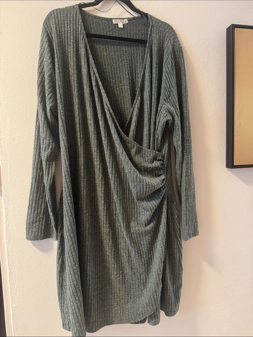 NWOT-nine britton Olive Green Ribbed Faux-Wrap Long Sleeve Dress